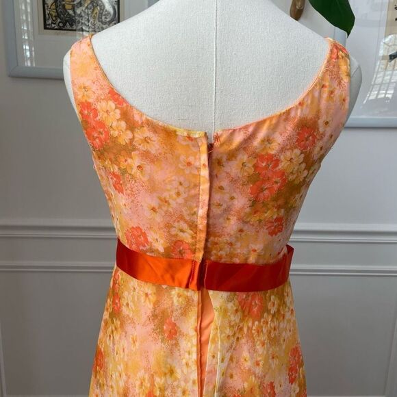 Vintage 60s 70s Orange Yellow Garden Party Chiffon Floral Gown Long Dress 4 6 S - Picture 5 of 9